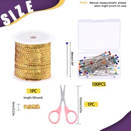 Swpeet 6mm 100 Yard Gold Flat Sequin Strip Teal Sequins Trim Paillette on a Roll and Map Push Pins with Scissors Assortment Kit, Fabric Metallic Stretch Teal Sequin Elastic Trim Embellishments