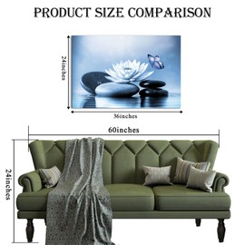 VANSEEING Zen Canvas Wall Art Blue Lotus Flowers Stones Butterfly on Water Lily Pictures Calming Modern Artwork Painting Spa Bathroom Wall Decor for Yoga Studio Meditation Living Room 24"x36"
