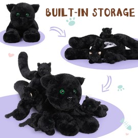 MorisMos Giant Cat Black Plush Toy XXL, 52 cm Long Plush Cat Cuddly Toy XXL with 4 Babies in the Belly, Kitten Birthday Christmas Gift Children, Cat Black Soft Toy