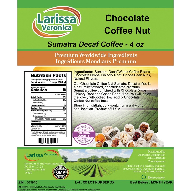 Chocolate Coffee Nut Sumatra Decaf Coffee (Gourmet, Naturally Flavored, Whole