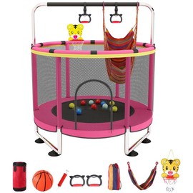 Trampoline for Kids with Safety Enclosure Net, No-Gap Safe Design, Easy to Assemble 4.6 Ft Outdoor Indoor Trampoline，Gifts for Boys & Girls，Christmas gifts - Color: Pink