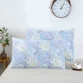 STYHO 100% Egyptian Cotton Floral Printed Pillow Cases 2 Pack Fade Resistant Standard Size Pillow Cover for Hair and Skin Soft Cozy and Breathable(Light Blue,50 x 75cm)