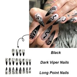 24 Pcs Stiletto Press on Nails Long Almond Fake Nails Dark Style RIICFDD False Nails With Snake Leaf Moon and Star Pattern Designs Artificial Acrylic Nails Full Cover Glue on Nails for Women and Girls