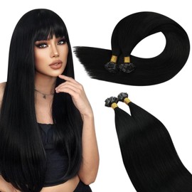 Ugeat Black Flat Tip Hair Extensions Jet Black K Tip Hair Extensions Human Ktips Low Damage for Thicker to Add Volume and Length 16 Inch 50G 50S