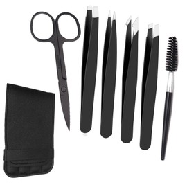 New Upgraded Tweezers Eyebrow Set for Professionals, 6 PCS Stainless Steel Tweezers for Facial Hair, Precision Eyebrow Tweezers Set for Ingrown Hair Tweezers for Men & Women,Light Black