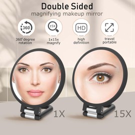 Magnifying Handheld Mirror Double Sided, 1X 15X Magnification Hand Mirror, Travel Folding Held Adjustable Rotation Pedestal Makeup Desk Vanity