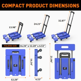Ronlap Folding Hand Truck, Foldable Moving Dolly Cart with Wheels 500lbs Heavy Duty Luggage Cart Portable Hand Cart Collapsible Dolly with 6 Wheels & 2 Ropes for Airplane Travel House Moving, Blue