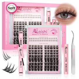 AILAISHI Lash Clusters Kit, DIY Cluster Eyelash Extensions 5‑16mm,132pcs Fluffy D Curl Natural Lashes with Bond and Seal,Remover, Tweezers–Natural Fake Cat Eye Individual Manga Clusters 1-2-L