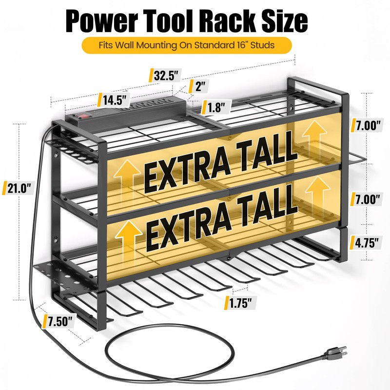 Large Power Tool Organizer Wall Mount with Charging Station for