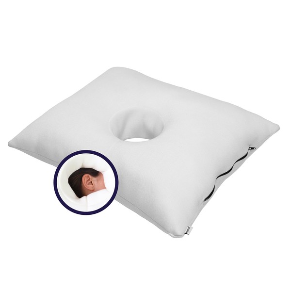 KMINA - Ear Pillow with Hole Side Sleepers, Pillow with Hole for Ear Piercing, Cushion with Hole in the Middle, Ear Piercing Pillow with Hole in Centre, Washable White Ear Hole Pillow - Made in Europe