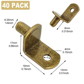 40 Pcs Shelf Pins Pegs,1/4 Inch L-Shaped Shelf Support Pegs,Bookshelf Pegs for Shelves,Cabinet Shelf Bracket Pegs with Hole,Shelf Pins Holders for Kitchen Furniture & Closet,Bronze Tone
