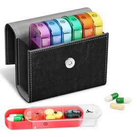 FINPAC Pill Box 7 Days 4 Compartments - Pill Box 4 Times a Day with Faux Leather Bag and Name Card Medication Box for Pills Vitamin Fish Oil for Morning, Noon, Evening, Night, Black