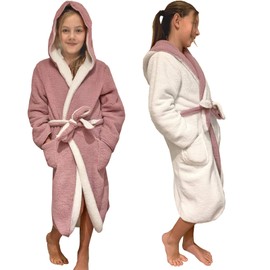 HOMELEVEL Sherpa Children's Bathrobe with Hood for Boys and Girls, Reversible Dressing Gown - 134-140