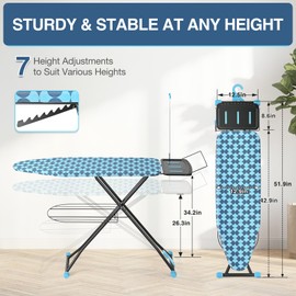 APEXCHASER Ironing Board, Foldable Iron Board with Iron Rest, Metal Panel Ironing Board, Adjustable Height Heavy Duty Iron Board with Germent Rack, Heat & Scorch Resistant Cover, 13x43 Blue