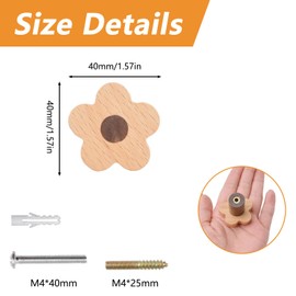 MOROBOR 4pcs Flower Shaped Wooden Cabinet Knobs, Single Hole Beech Wood Handles Wood Nursery Dresser Knobs for Chest of Drawers with Screws & Expansion Tube