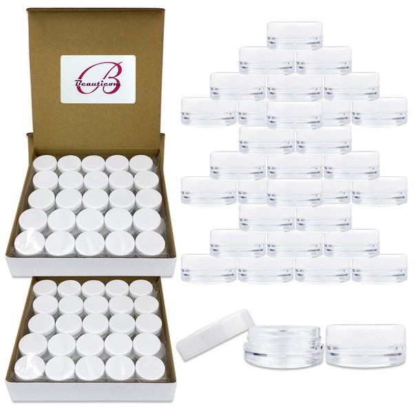 (Quantity: 150 Pcs) Beauticom 3G/3ML Round Clear Jars with White Lids for Makeup, Lotion, Creams, Eyeshadow, Cosmetic Product Samples - BPA Free