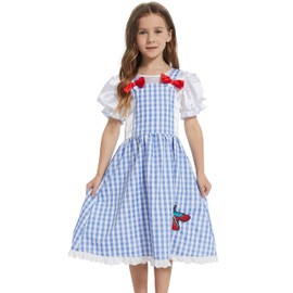 Kids Girls Wizard Costume Fancy Dress Plaid Print Puff Sleeves Gingham Dress (13-14 Years) Blue White