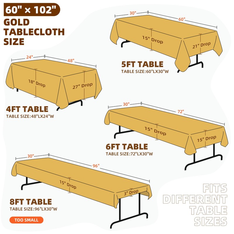 Gold Tablecloth 2Pack 60x102 Inch,Rectangle Metallic Gold Table Cover