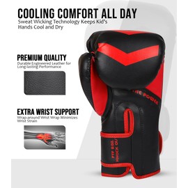 Exxact Sports Knockout Youth Boxing Gloves for Kids (3-15 Years) with Padded Protection and Wrist Support, Durable Engineered Leather Kids Boxing Gloves for Sparring (Black/Red, 8 OZ)