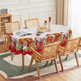 Horaldaily Christmas Tablecloth 60×84 Inch Oval, Gingerbread Man Cute Christmas Bear Ball Ornaments Washable Table Cover for Party Picnic Dinner Decor