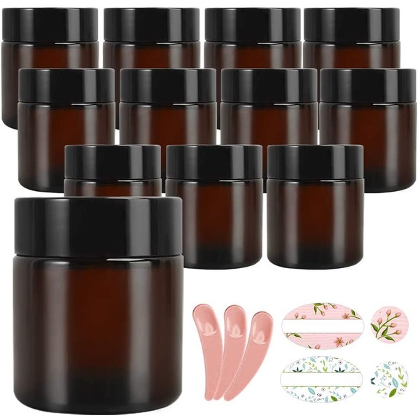 12 Pack 120 ml 4 oz Amber Glass Jars with Black Lids & Inner Liners,Round Jars for Cosmetics and Face cream Lotion.