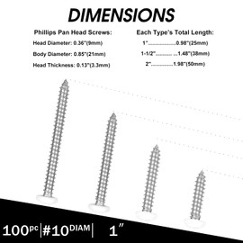 White Head 100 PCS #10x1" Stainless Steel Phillips Pan Head Wood Screws,Stainless Steel 18-8 A2(304) Screw,Home Screw Kit by QISHENG