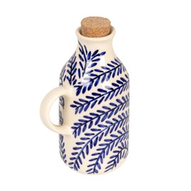 Creative Co-Op 8 oz. Hand-Painted Stoneware Oil Cruet with Design and Cork Stopper, Cream Color and Blue