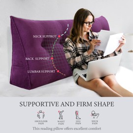 11 lbs Thickened Wedge Pillow Headboard Body Positioner Triangular Reading Pillow Bed Bolster Pillow for Sitting in Bedwith Removable Cover Gift for Mom Backrest Cordury Purple Queen