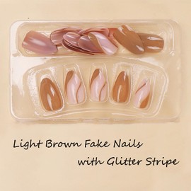 MERVF Almond Press on Nails Medium Fake Nails French Tip Light Brown Glue on Nails Stripe Design Stiletto Fall Acrylic False Nails Press ons Glossy 24pcs