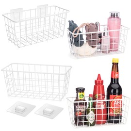Hanging Kitchen Baskets Adhesive Sturdy Wire Storage Baskets with Kitchen Food Pantry Bathroom Shelf Storage No Drilling Wall Mounted,White,4 Pack