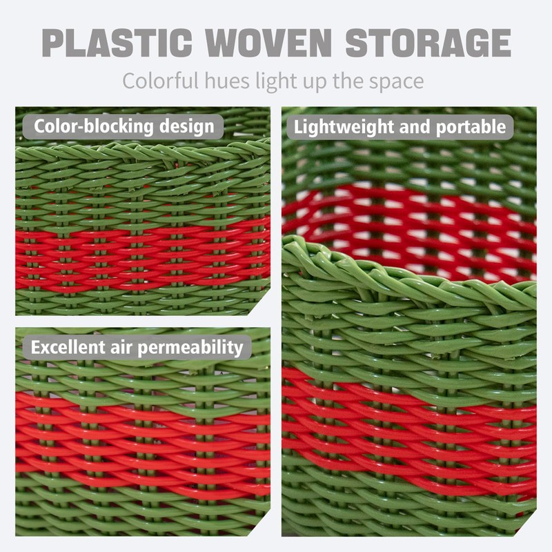 HODAKJUE Handwoven Plastic Wicker Storage Basket, Waterproof Red Green Stripe