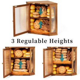 VIVIRBIEN Extra Large Corner Bread Box for Kitchen Counter Corner Storage，Double Layer adjustable Large Capacity Bread Storage Bin，with Natural Acacia Wood and Acrylic Wavy Door Panel