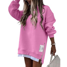 Women's Casual Hoodies Long Sleeve Solid Lightweight Pullover Tops Loose Sweatshirt Dress Pink-M