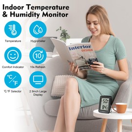 Digital Hygrometer Indoor Thermometer Humidity Meter Room Thermometer with Large Number Display,Temperature and Humidity Monitor for Home,Baby Room, Bedroom, Office, Greenhouse (Black)