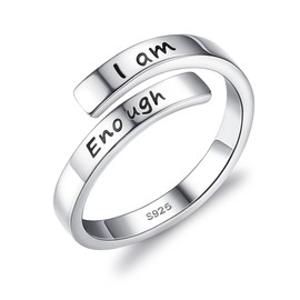 KRFY 925 Sterling Silver Rings for Women I Am Enough Rings Inspirational Encouragement Rings for Girls Size Adjustable Thumb Opening Rings
