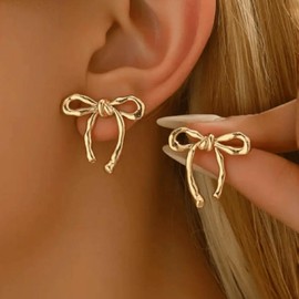 Gold Bow Earrings for Women Dainty Gold Bow Stud Earrings Long Ribbon Dangle Earrings Christmas Jewelry Gift