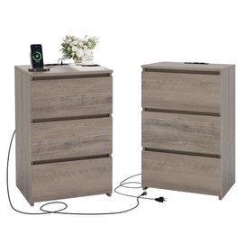 FOTOSOK Nightstand Set of 2 with Charging Station, Grey Night Stand with USB Ports & Power Outlets, Silent Slides, Wooden End Side Table Bedside Table with 3 Drawers for Bedroom, Ash Grey