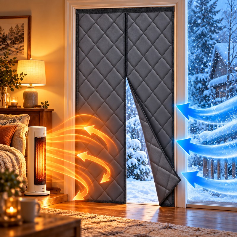 Magnetic Thermal Insulated Door Curtain, Quilted Oxford Fabric Winter Door