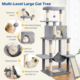 ABCPET Cat Tree Tower 63in Multi-Level Cat Tower for Indoor Cats with Sisal Scratching Posts, Condo, Hammock, Dangling Ball and Extended Platform for Cats to Play, Light Grey