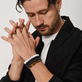 RANKEEF Mens Beaded Bracelets Lightweight 6mm/8mm Natural Stone Bracelet for Men Bead Bracelets Set Various Black Beaded Bracelet for Men Adjustable Stretch Men's Bracelet Tigers Eye Bracelet