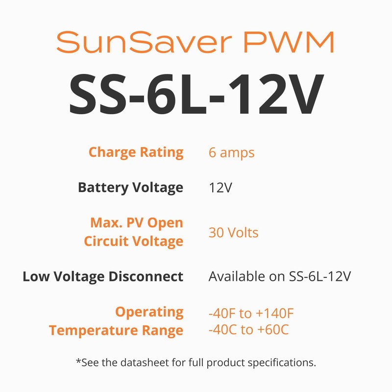 Morningstar SunSaver 6A PWM Solar Charge Controller (SS-6L-12V) - Solar