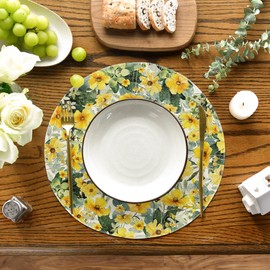 Artoid Mode Yellow Flowers Bees Green Leaves Spring Round Placemats Set of 4, 14 Inch Seasonal Round Table Mats for Dining Decoration