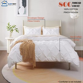 SLEEP-NEST Oversized King 120x120 Inch Duvet Cover Set 3 Piece 100% Pure Cotton Sateen Weave Zipper Closure 800TC All Season Ultra Soft Breathable 10x10ft Cover for Comforter, Pinch Pleated White