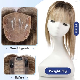 HAIRCUBE Hair Topper 5"*5.5" Base Hair Toppers for Women Real Human Hair，14 inch Light Brown with Blonde Highlight 100% Human Hair Topper with Bangs for Women with Thinning Hair Cover Grey Hair Root