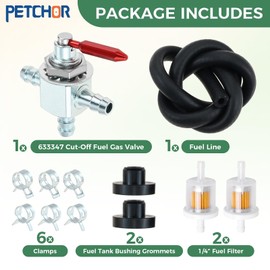 PETCHOR 1-633347 Cut-Off Fuel Valve with Fuel Filter Kit Compatible with 482212 Scag 2-Way 1/4" Barbs Steel Fuel Oil Gas Petcock in Line Valve, Replaces Exmark E633347 Husqvarna 539102679 Yazoo 102679