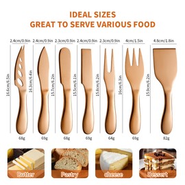 A · HOUSEWARE Copper Cheese Knives Set 7 Pieces Stainless Steel Kitchenware Utensils Gadgets 7 Pieces Cheese Knife,Cheese Spreader,Cheese Forks,Cheese Slicer,Cheese Cutter,Butter Knife
