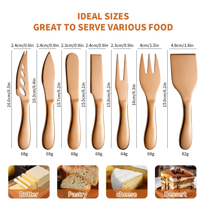 A · HOUSEWARE Copper Cheese Knives Set 7 Pieces Stainless