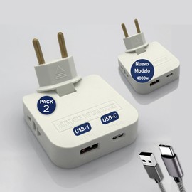 3-Stars | Pack of 2 Flat USB-C Sockets with 4000 W (Higher Power) | 4 Sockets: 2 USB Charging Ports (Type 1 and Type C) - 2 Sockets | Design: Wall Socket Ideal Small Space