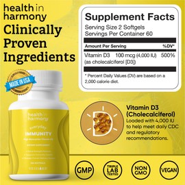 HEALTH IN HARMONY Everyday Immunity 4000 iu Vitamin D3 Supplement - Fast Acting Immune Support Supplement for Bone/Cellular Health - Non GMO, Dietary Supplements - Utilizes Vesisorb® (60 softgels)