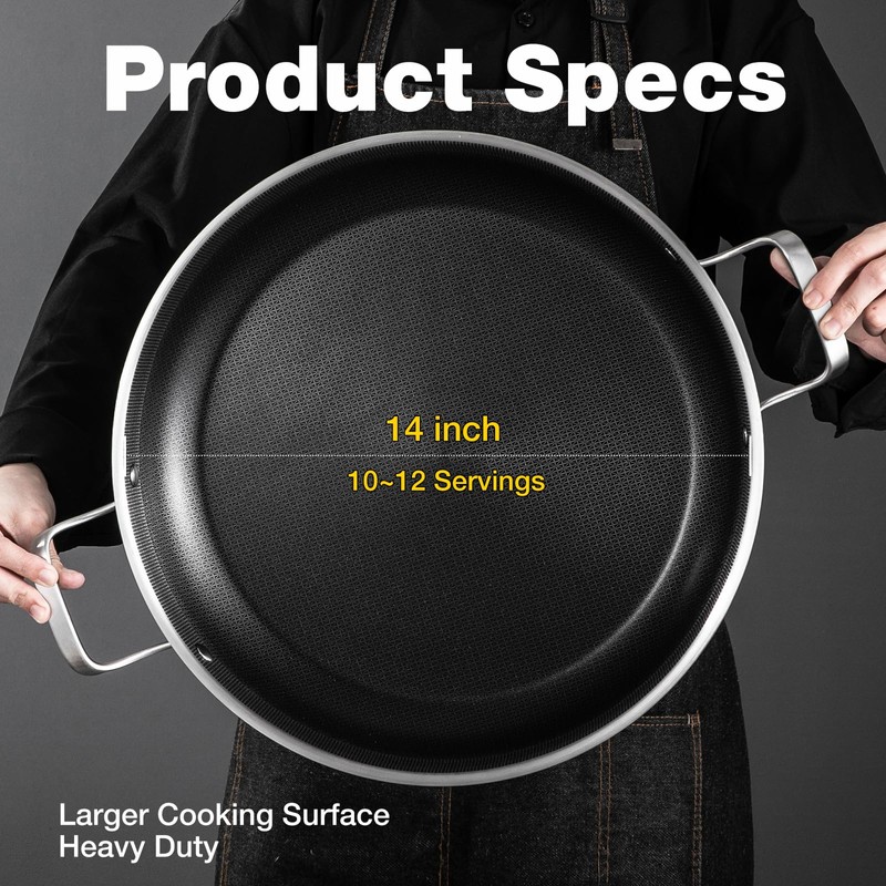 Yeksum Stainless Steel Paella Pan with Lid - 14.5" Honeycomb